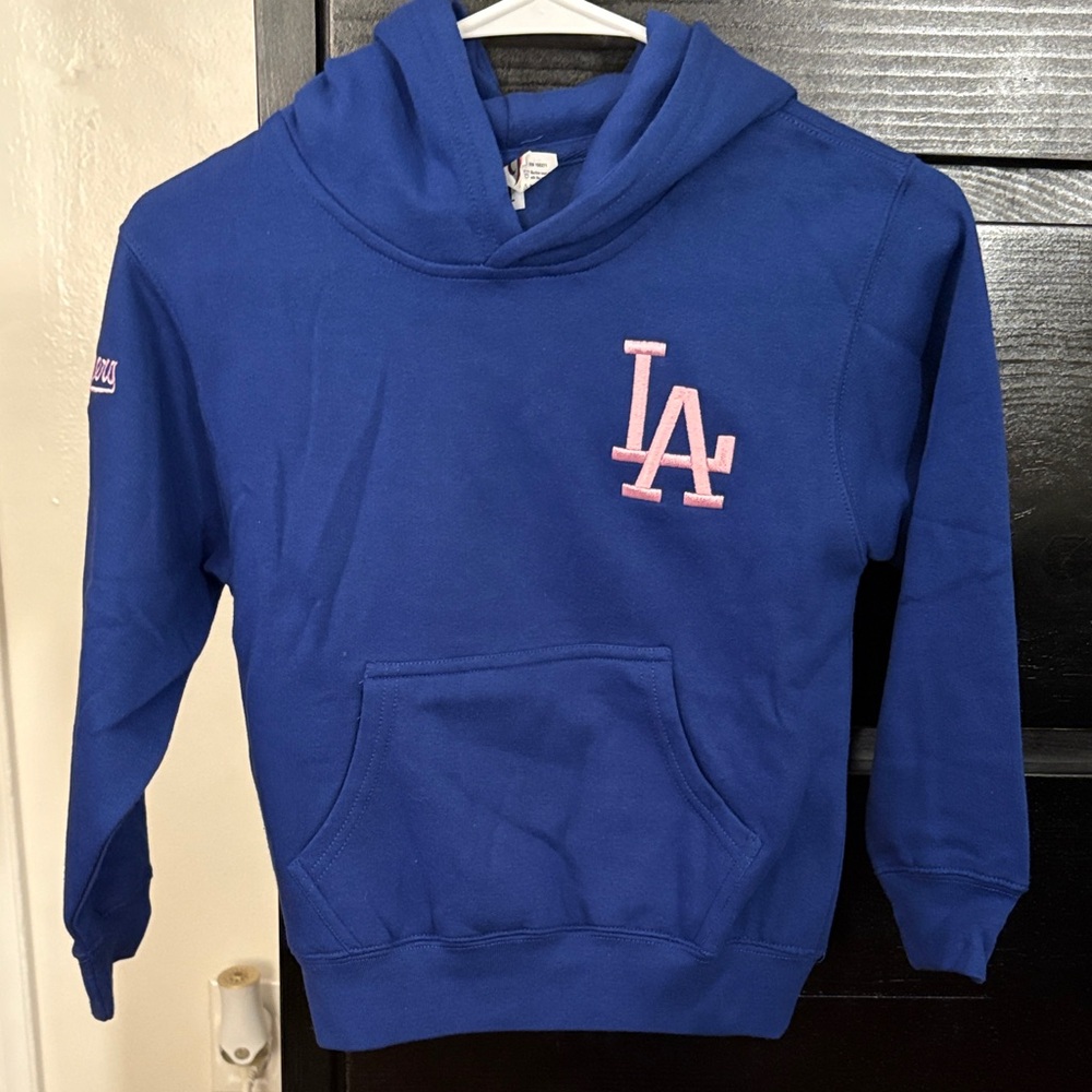 Kids Blue Hoodie with Pink Logo